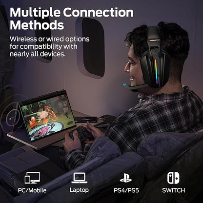 Monster Mission ANC200 Wireless Gaming Headset, 7.1 Virtual Surround Sound, ANC, Stealth Retractable Mic, 70HRS Battery, 2.4GHz or BT, for PC, PS5, Mobile, 3.5mm Audio Jack (Black)
