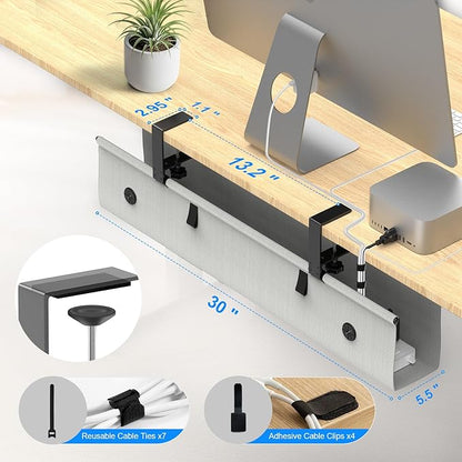 Under Desk Cable Management Tray, 30-inch No-Drill Cord Organizer with Anti-Sag Reinforced Base, Fabric Wire Management Hider for Standing Desk, Office & Gaming Accessories - Grey