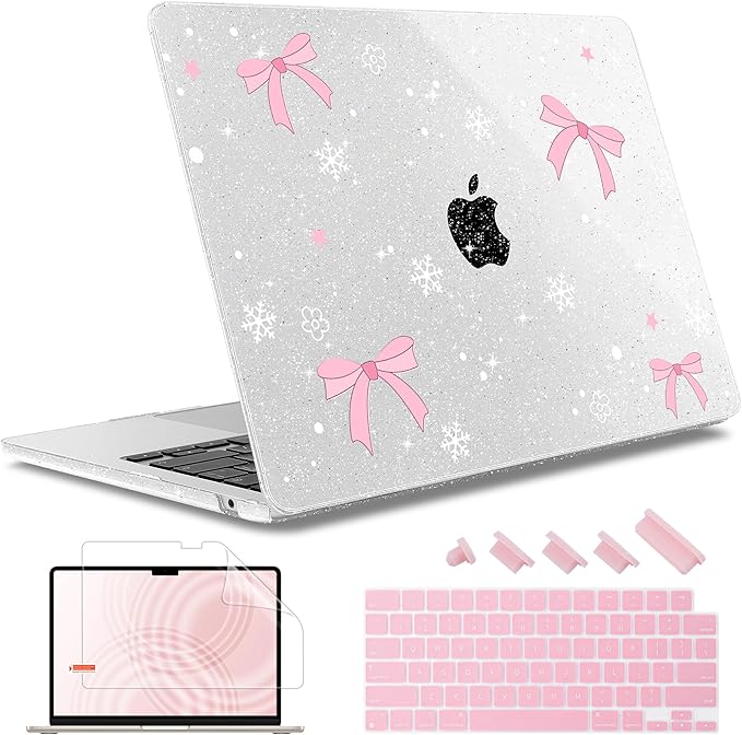 May Chen for MacBook Air 13.6 inch Case A3240 M4 A3113 M3 A2681 M2 with Retina Dispaly, 2025 2024 2023 2022 Release, Plastic Hard Shell Case with Screen Protector & Keyboard Cover, Snowflake Bow