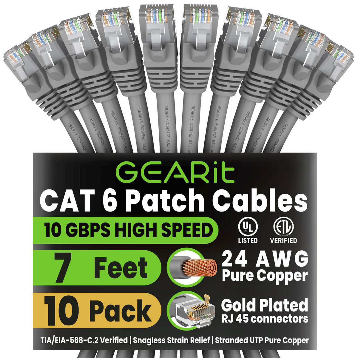 GEARit Cat6 Patch Cables Cat 6 Ethernet Cable 6 ft 10-Pack Green