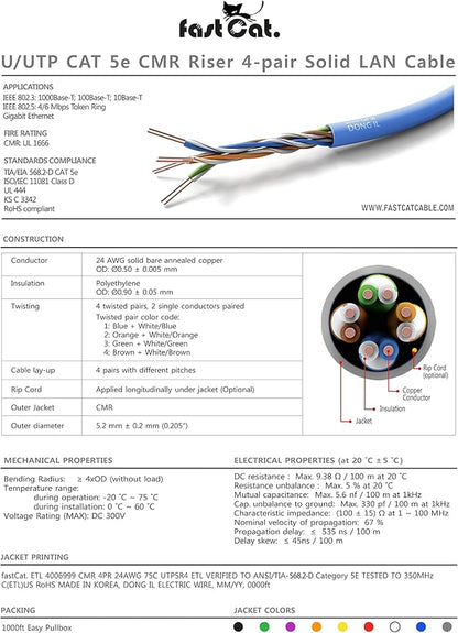 fast Cat. Cat5e Ethernet Cable 1000ft - 24 AWG, CMR, Insulated Bare Copper Wire Cat 5 ethernet Cable with FastReel - 350MHZ / Gigabit Speed UTP Cable Cat5e - CMR (Orange)