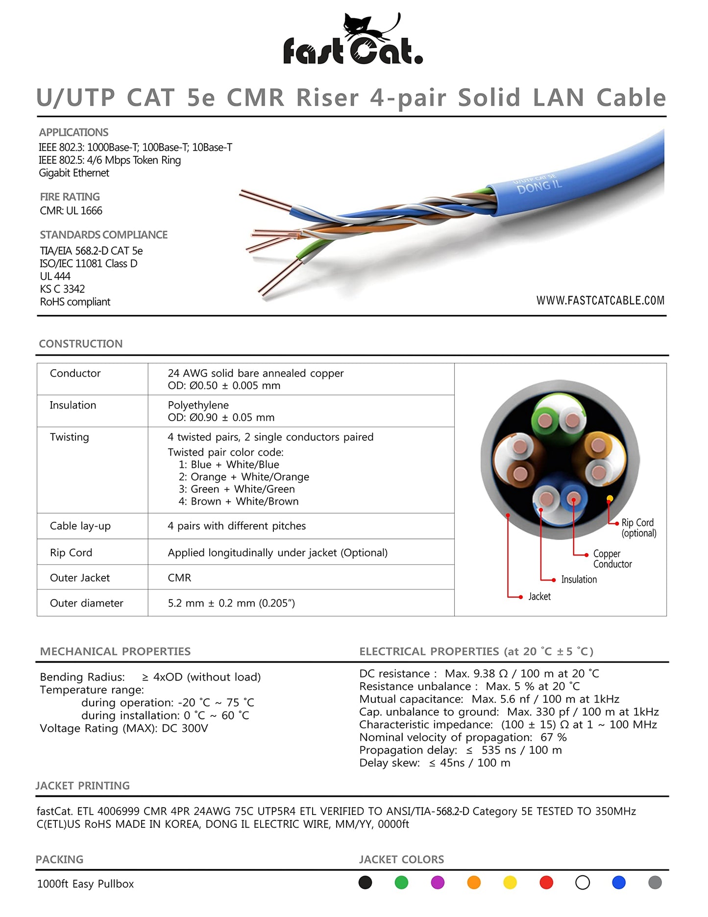 fast Cat. Cat5e Ethernet Cable 1000ft - ETL Listed 24 AWG, CMR, Insulated Bare Copper Wire Cat 5 ethernet Cable with FastReel - 350MHZ / Gigabit Speed UTP Cable Cat5e - CMR (Blue)