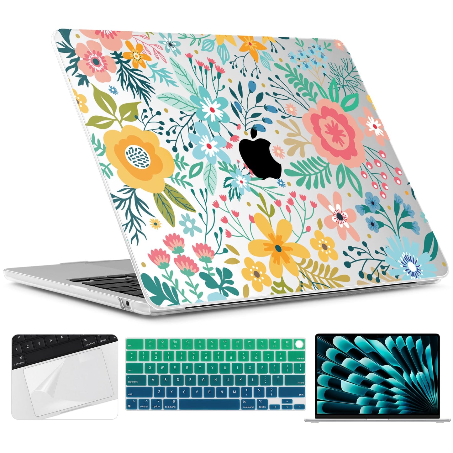 TWOLSKOO for MacBook Air 15 inch Case 2026 2025 2024 2023 Release M5 A3448 M4 A3241 M3 A3114 M2 A2941, Plastic Hard Shell & Screen Protector & Keyboard Cover & Trackpad Film, Abstract Flower