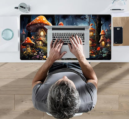 Cute Anime Mushroom Desk Pad Floral Desk Mat, XXL Large Extended Mousepad Gaming Mouse Pad Computer Mat with Stitched Edges, Fantasy Office Decor Laptop Keyboard and Mouse Mat, 31.5x15.75 in