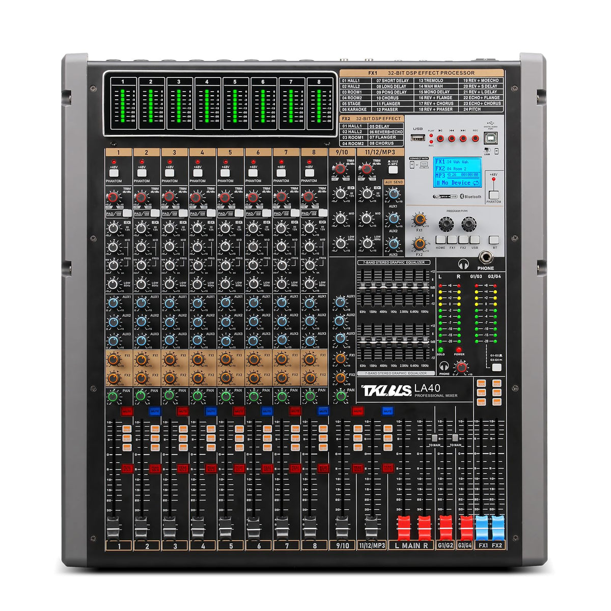 TKLBLS 4 Channel Audio Mixer for Home Audio, Sound Mixer Board with USB Interface, 99 DSP Effects, 48V Phantom Power, XLR Inputs for Karaoke, Recording