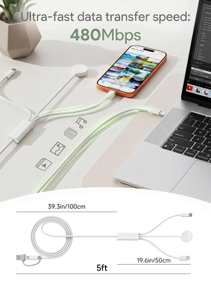 【60W 5FT】for Apple Watch Charger Fast Charging, 3-in-2 Multi Charging Cable, Nylon Braided USB C/L iWatch Charger Cord for iWatch Series Ultra 3/2/SE/11/10/9/8/7/6/5, iPhone 17 15 16 Pro Max/14/13/12
