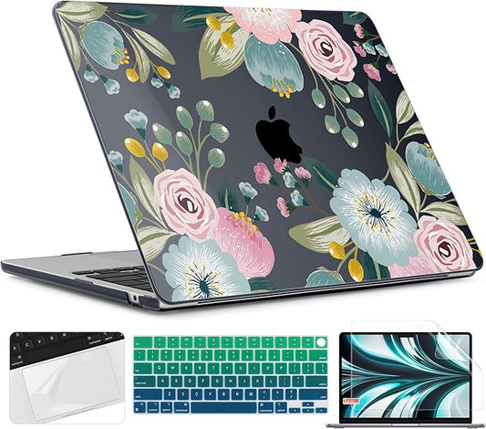 TWOLSKOO for M2 MacBook Air 13.6 Inch Case 2022 A2681 with Touch ID, Plastic Hard Shell Cover Screen Protector & Keyboard Trackpad Film 13 2022, Seamless Floral (A2681 M2)