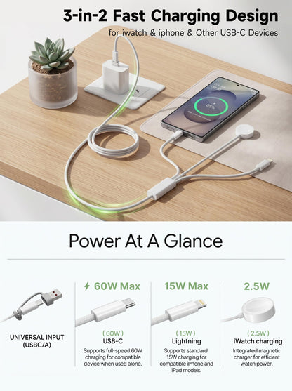 【60W 5FT】for Apple Watch Charger Fast Charging, 3-in-2 Multi Charging Cable, Nylon Braided USB C/L iWatch Charger Cord for iWatch Series Ultra 3/2/SE/11/10/9/8/7/6/5, iPhone 17 15 16 Pro Max/14/13/12