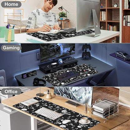 Skull Head Desk Mat,Large Pirate Skull Crossbones Gaming Keyboard Mouse Pad,Non-Slip Rubber Base Desk Pad Thick Stitched Edges Waterproof Mousepad Mouse Mat 31.5"x11.8"