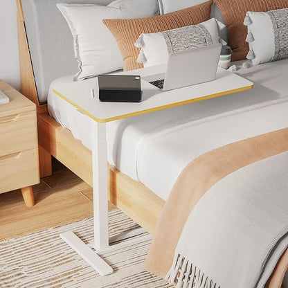 SANODESK Medical Adjustable Overbed Bedside Table with Hidden Casters, Pneumatic Mobile Laptop Computer Standing Desk Cart with Tray, Hospital and Home Use(31.5" W x 17.7" D, White)