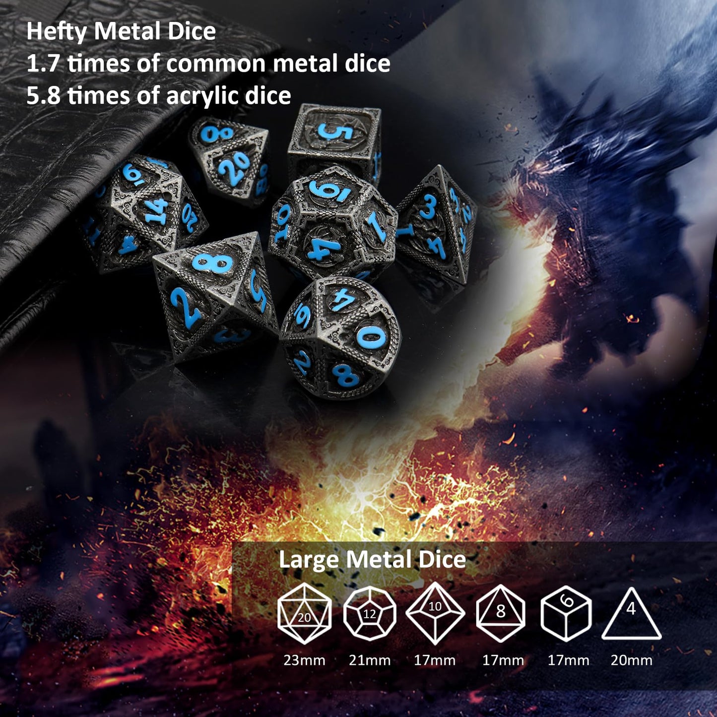 Haxtec Metal DND Dice Set, 7 Pcs Dragon Pattern Polyhedral Dice for RPG