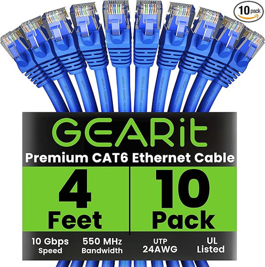 GEARit Cat 6 Ethernet Patch Cable 4 ft Blue (10 Pack) - Cat6 Patch Cables 4ft Blue/Ethernet Patch Cable, 10Gbps 550MHz 24AWG Pure Copper, Snagless, Gold Plated RJ45 for Router, Server, Router, PC