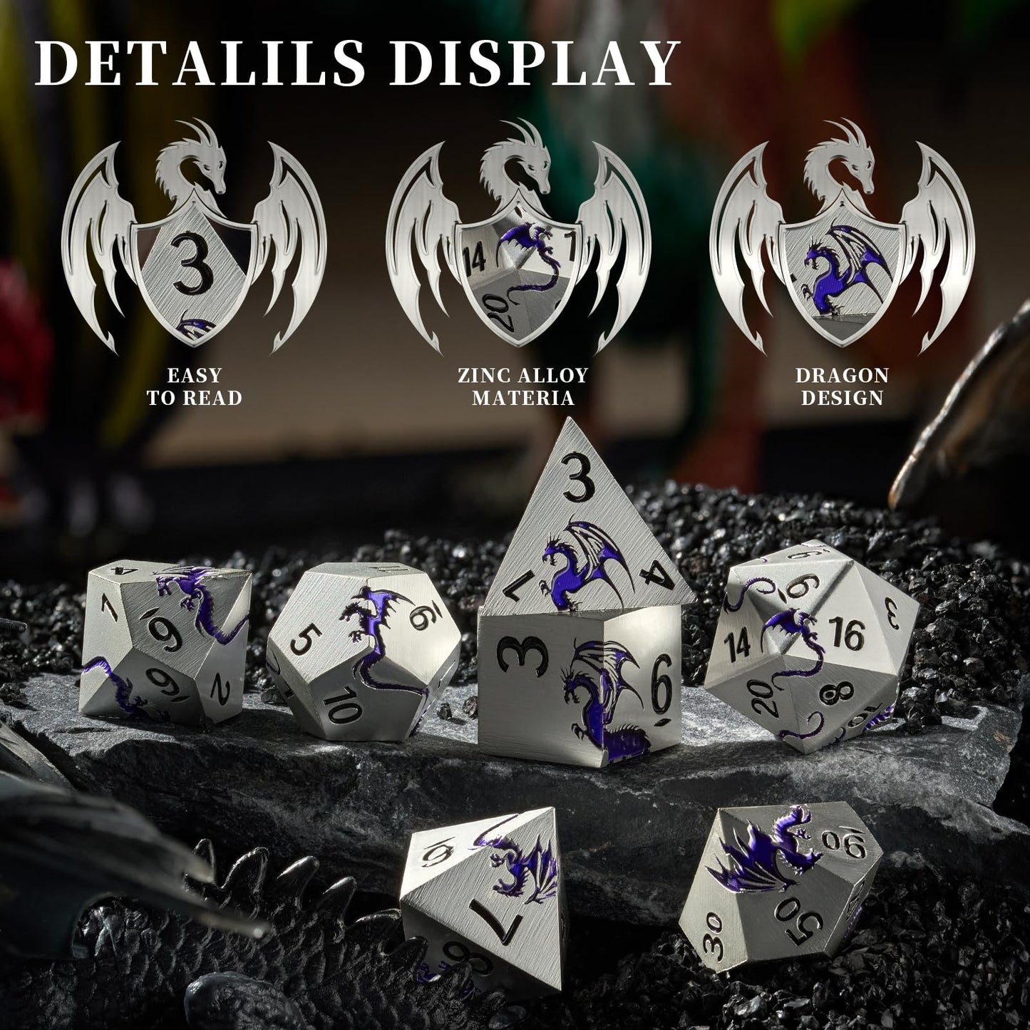 HNCCESG Metal Dice Set,7-Piece Dragon Dice for DND and RPGs,Silver Purple