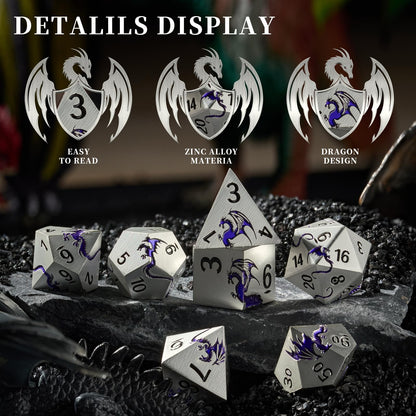 HNCCESG Metal Dice Set,7-Piece Dragon Dice for DND and RPGs,Silver Purple