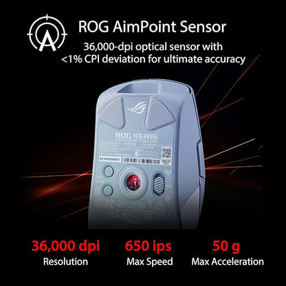 Asus ROG Keris Wireless AimPoint Gaming Mouse, Tri-mode connectivity, 36000 DPI sensor, 5 programmable buttons, ROG SpeedNova, Replaceable switches, Paracord cable, White