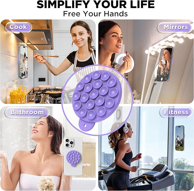 Magnetic Suction Cup Phone Mount for MagSafe Case, Silicone Hands-Free Grip Holder for iPhone and Android, Mirror Shower Phone Stand for Makeup FaceTime Gym Kitchen Bathroom, Bright Purple