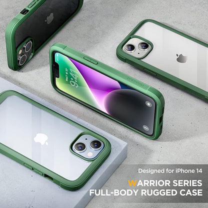 Miracase Glass Series Designed for iPhone 14 Plus Case 6.7 inch, 2023 Upgrade Full-Body Clear Bumper Case with Built-in 9H Tempered Glass Screen Protector and Camera Lens Protector,Green