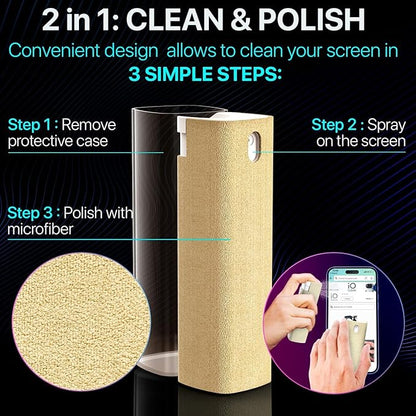 Mini Screen Cleaner Spray – Finger Proof Screen Cleaner for Smartphones, iPads, MacBooks, Laptops, Car Screens, Touchscreens – 3in1 Mist Cleaner, Microfiber Cloth and Protective Cover (Green)