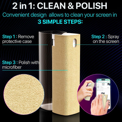 IO CLEAN Mini Screen Cleaner Spray – Finger Proof Screen Cleaner for Smartphones, iPads, MacBooks, Laptops, Car Screens, Touchscreens – 3in1 Mist Cleaner, Microfiber Cloth and Protective Cover (Khaki)