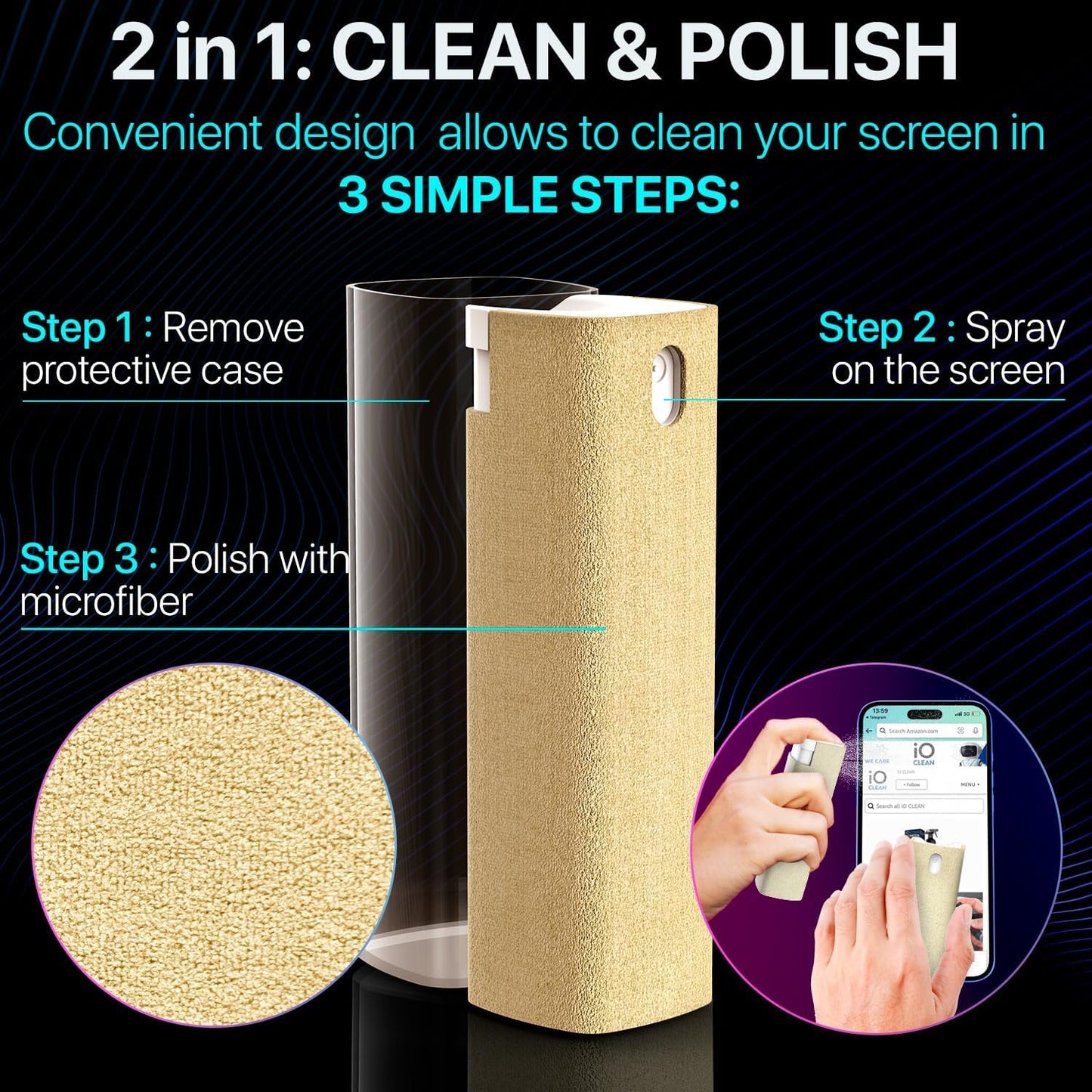 IO CLEAN Mini Screen Cleaner Spray – Finger Proof Screen Cleaner for Smartphones, iPads, MacBooks, Laptops, Car Screens, Touchscreens – 3in1 Mist Cleaner, Microfiber Cloth and Cover (Navy Blue)