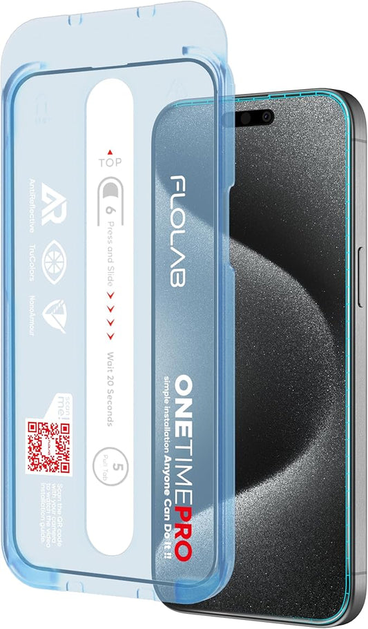 FLOLAB NanoArmour ONETIME PRO for iPhone 15 Pro Screen Protector, Anti-Reflective, Anti-Rainbow, 3D Tempered Glass, Ultra Clear, Edge Reinforced, Easy Install, Dust-Free, Scratch Resistant
