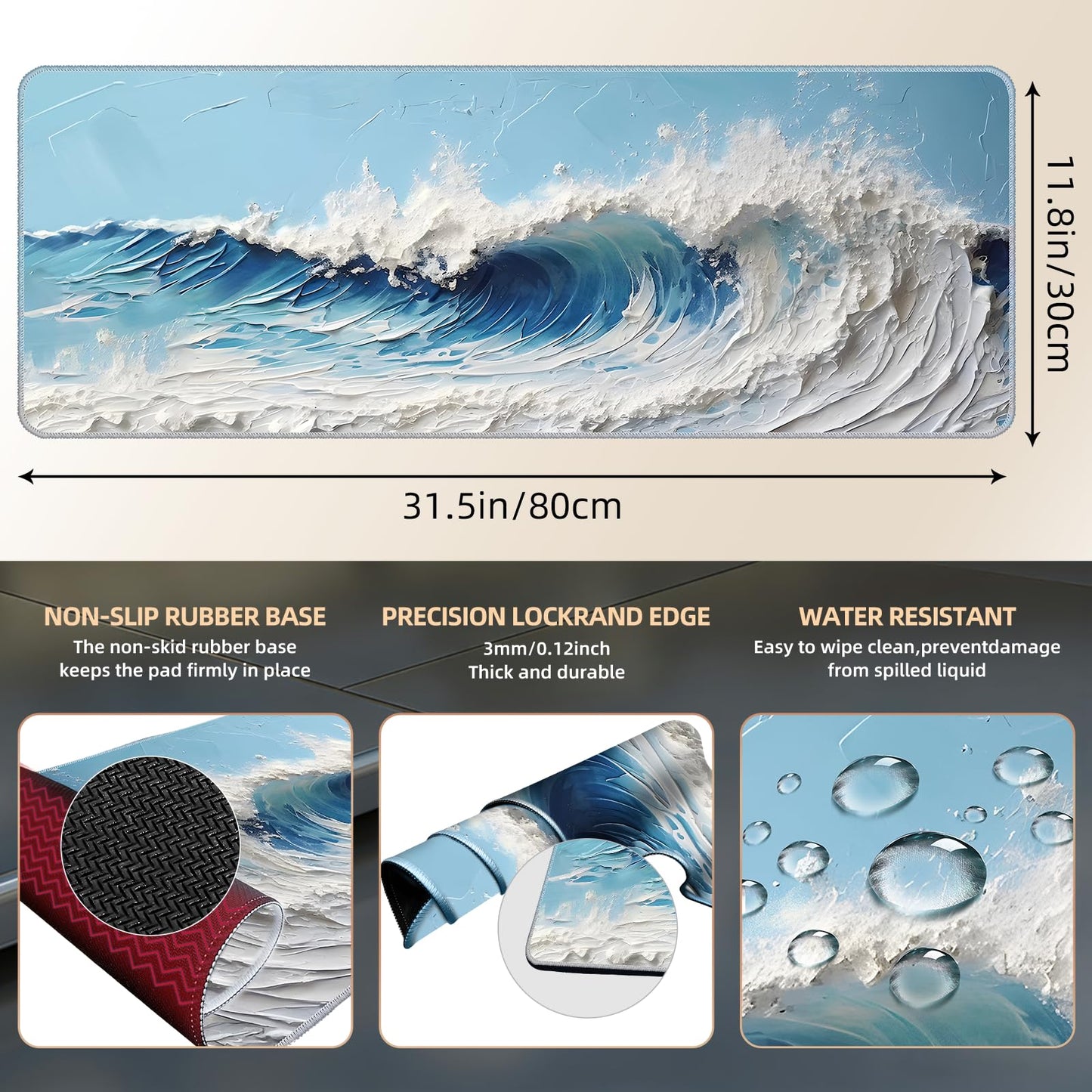 Galdas Gaming Mouse Pad XXL XL Large Long Extended Big Mousepad Non-Slip Rubber Keyboard Desk Pad with Stitched Edges for Laptop Home Office (31.5x11.8x0.08 Inch) … (Painting Waves)