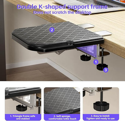 Arm Rest for Desk, 90°Foldable Computer Wrist Rest Shelf with Sponge Padding, Clamp on Arm Support, Ergonomic Sturdy Desk Extender for Office & Home, Durable & Easy to Install (Black)
