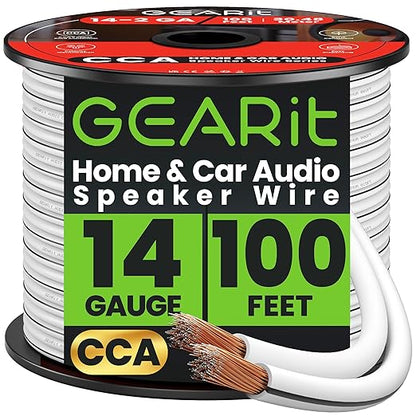 GEARit 14 Gauge Speaker Wire 100 ft,Speaker Cable with Foot Markers & Polarity Markings,14 Gauge Wire for Car Audio & Home Theater Speakers,Audio Cable for DIY Installations,CCA(White)