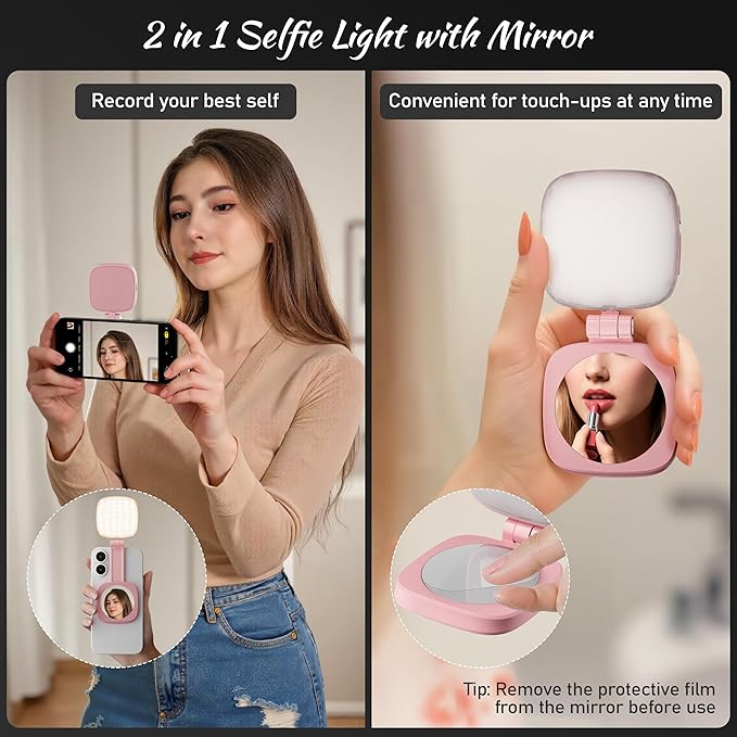 Magnetic Selfie Light for Phone: 5 Led Mode with Mirror Compatible for iPhone & Android - Rechargeable Portable Fill Light for Photography/Video Recording/Conference/Vlog/Makeup (Pink)