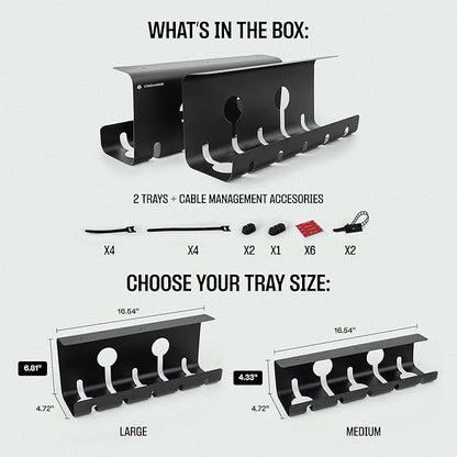 No-Drill Under Desk Cable Management Tray - 2-Pack Wire & Cord Organizer - Standing Desk Cable Management - Power Strip Holder - M