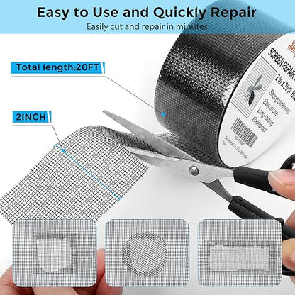 Black Window Screen Repair Tape, 2IN X 20FT Screen Repair Kit for Windows or Doors, Strong Adhesive Fiberglass Mesh Patch Tape