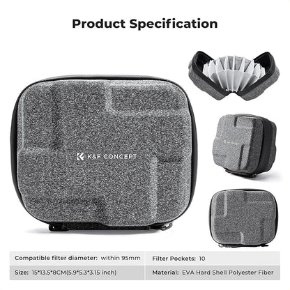 K&F Concept 10 in 1 Lens Filter Case, Hard Shell Camera Filter Pouch Up to 95mm with Hand Strap, Waterproof Camera Lens Filter Storage Wallet for ND UV CPL Filter Pouch