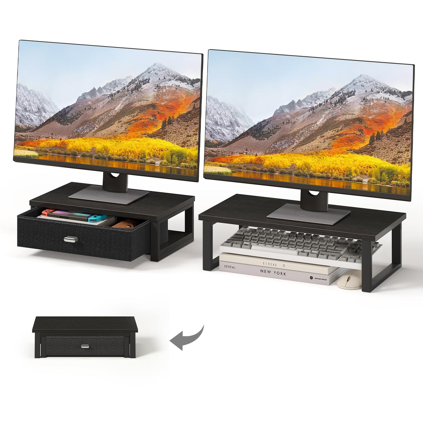 WOHOMO Dual Monitor Stand Riser with Drawers, Wood Desk Organizers for 2 Monitors, Desktop Storage Stand for Computer, Laptop, Black