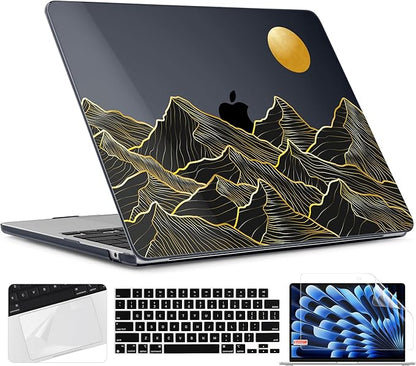 TWOLSKOO Compatible with M4 MacBook Air 15 inch Case 2025-2023 Released Model M4 A3241 M3 A3114 M2 A2941, Plastic Hard Shell & Screen Protector & Keyboard Cover & Trackpad Film, Golden Mountain