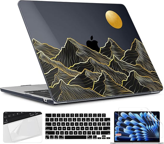 TWOLSKOO for M4 MacBook Air 13.6 inch Case 2025-2022 Release M4 A3240 M3 A3113 M2 A2681, Plastic Hard Shell & Screen Protector & Keyboard Cover & Trackpad Film, Golden Mountain
