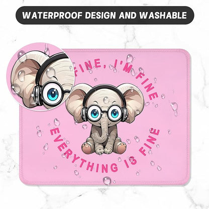 ITNRSIIET Mouse Pad with Stitched Edge Premium Textured Smooth Precise Operation Waterproof Washable Non-Slip Rubber Base Desktop Protection Mat, 10.2×8.3×0.12 inches, Pink Pretty Elephant