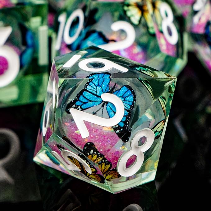 Butterfly DND Dice Pink Liquid Core Dice Set with Metal Box, Handmade Sharp Edge D and D Polyhedral Dice for use with D&D Role Playing Game, D20 D12 D10 D8 D6