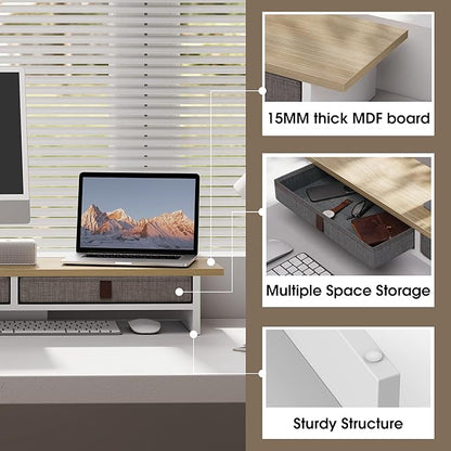 Fenge Monitor Stand with Drawer, 2 Tiers Dual Monitor Riser for Desk, 35 Inch Computer Stand for 2 Monitors, Desk Shelf for Home, Office, Laptop, PC, TV, Printer