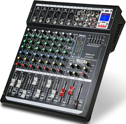 Dj Mixers 8 Channel Audio Mixer Sound Board with Bluetooth, Usb Audio Interface with 48V Phantom Power Sounds Mixer Board with FX Reverb Delay Effect for Streaming