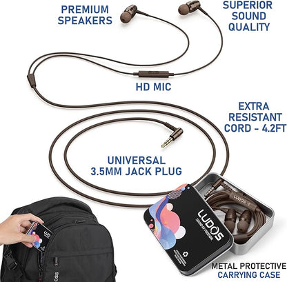 LUDOS OMNITONE Wired Earbuds in-Ear Headphones, 5 Year Warranty, Earphones with Microphone, 3.5 mm Jack Corded Ear Buds, Videoconference for iPhone, Samsung, Laptop, Kids, School Students - Brown