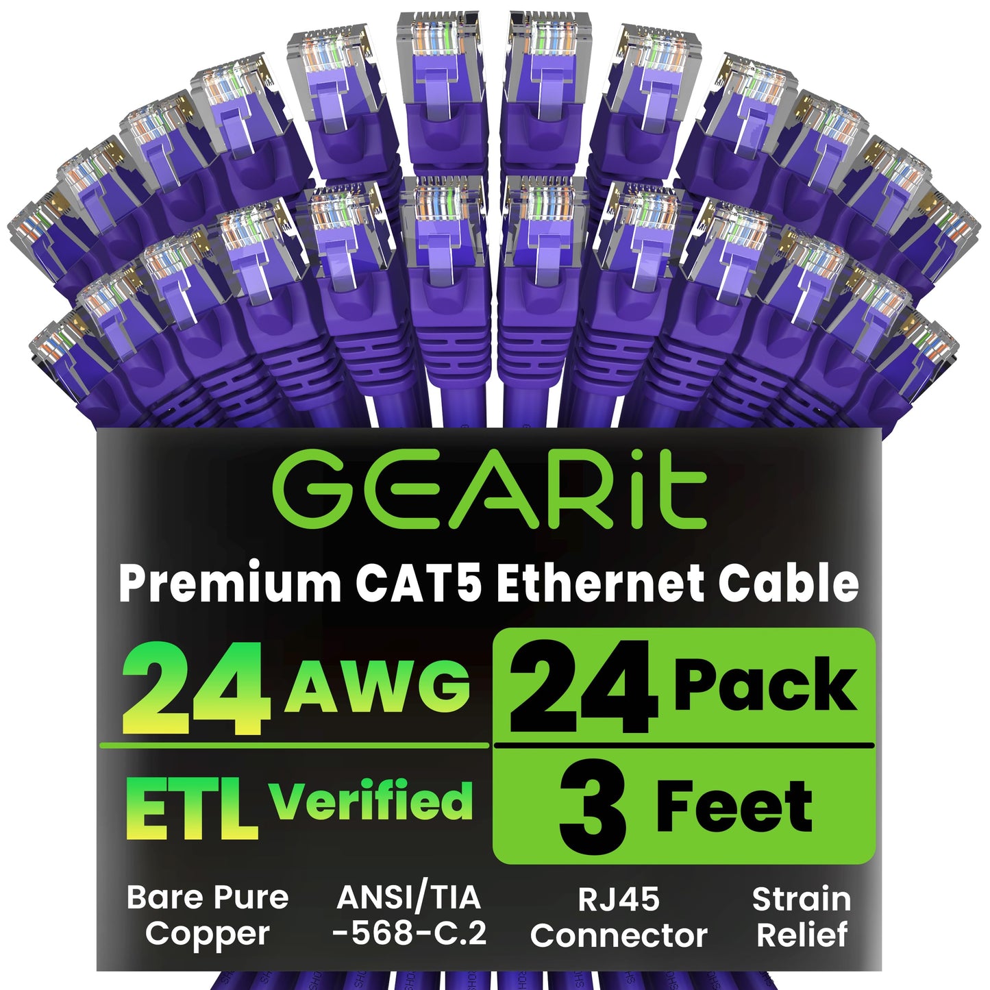 GearIT 24-Pack, Cat5e Ethernet Patch Cable 3 Feet - Snagless RJ45 Computer LAN Network Cord, Purple - Compatible with 24 48 Port Switch POE Rackmount 24port Gigabit