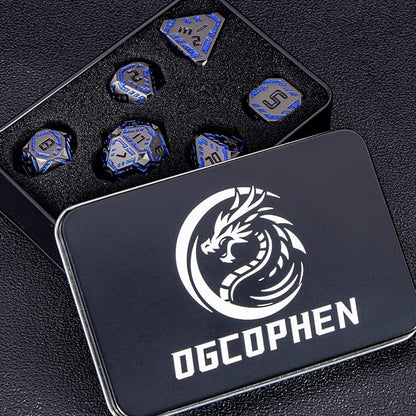 Metal DND Sci-fi Dice Set 7PCS Stripe Polyhedral Dice for Dungeons Dragons RPG Role Playing Game, Glitter D and D Dice with Gift Box D6 D8 D10 D12 D20 (Black&Blue Purple)