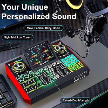 Podcast Equipment Bundle with 3.5mm Condenser Microphone for Pc/Phone Live Streaming Singing Gaming, Podcast Microphone Bundle with Live Sound Card Audio Mixer,Voice Changer, Denoise,DJ Sets