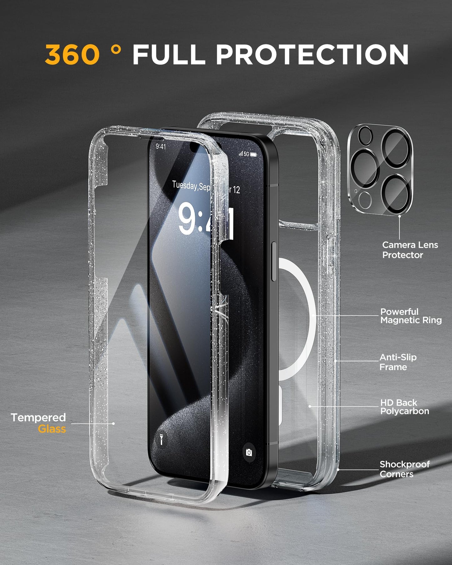 Miracase Magnetic for iPhone 15 Pro Max Case 6.7'' [Compatible with Magsafe] Full-Body Drop Proof Phone Case for iPhone 15 Pro Max with Built-in 9H Tempered Glass Screen Protector,Clear Glitter