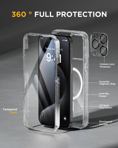 Miracase Magnetic for iPhone 15 Pro Max Case 6.7'' [Compatible with Magsafe] Full-Body Drop Proof Phone Case for iPhone 15 Pro Max with Built-in 9H Tempered Glass Screen Protector,Clear Glitter