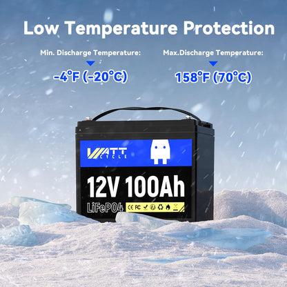 Wattcycle 12V 100Ah LiFePO4 Battery, Lithium Battery Up to 15000 Cycles, Low Temperature Protection, 10 Years Lifespan, Perfect for RV/Outdoor Camping/Home Energy Storage（BCI Group 24）