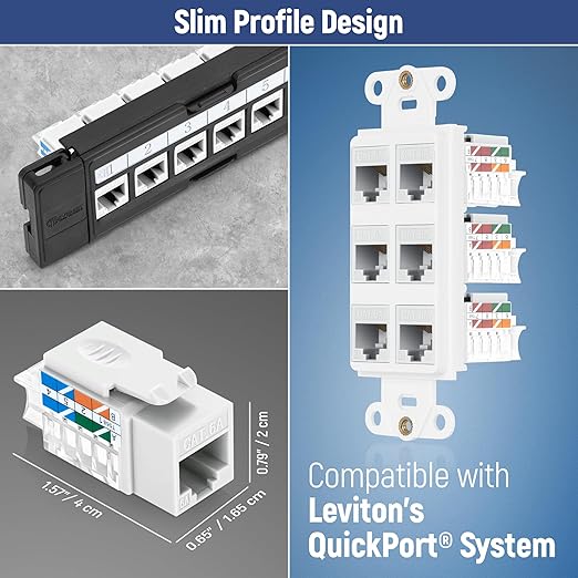 Everest 45° Angled RJ45 Cat6A Keystone Jacks 20-Pack in White - Slim Profile Female RJ45 Connectors - Cat 6A Keystone Jack - Compatible with 45° Angled Speed Termination Tool - 45Term (B0BL3GS7ZY)