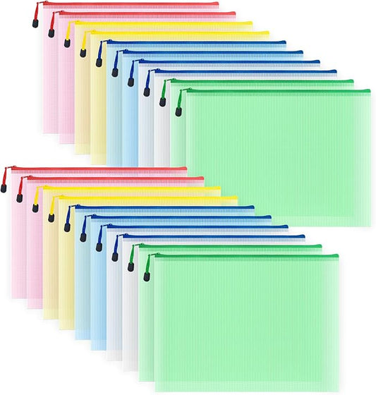 AUSTARK 20pcs Mesh Zipper Pouch Bags, Multipurpose Waterproof Organization Storage Bag for Office School Home Travel (B4 Size 15''x11'', Multicolored)