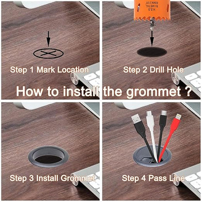 Desk Grommet 2-3/8 inch with Hole Saw, Desk Cord Hole Cover Grommet for Cables, 8 PCS, Black