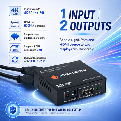 4K@60 HDMI Splitter 1 in 2 out 1X2 Powered Splitter for Dual Monitors by J-Tech Digital [JTD-MINI-1X2SP]